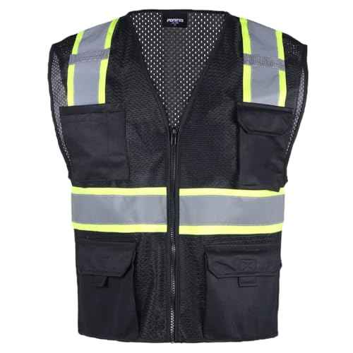 FONIRRA Safety Vest for Men High Visibility Reflective Construction Work Vest ANSI Class 2 with Pockets and Zipper(Black,XL)