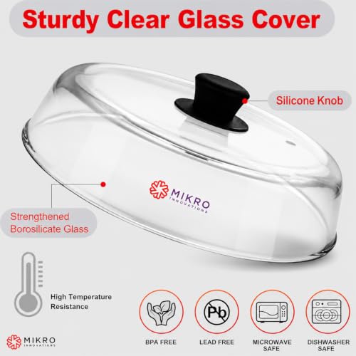 Mikro Innovations 10.5-Inch Borosilicate Glass Microwave Splatter Cover with Vent Hole – Black 1 Pack, Easy-Grip Silicone Handle, BPA-Free, Dishwasher Safe