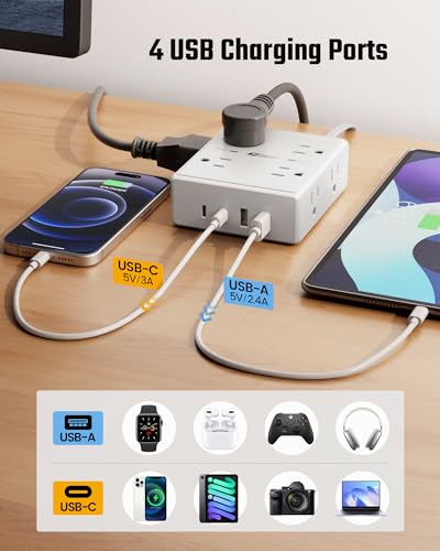 SUPERDANNY White 10FT Flat Plug Surge Protector Power Strip with USB-C & USB-A, 12 Outlets, Wall Mountable