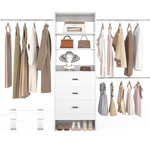 Besiost 96-Inch White Closet Organizer System with 3 Hanging Rods & Wooden Drawers - Adjustable 5-8FT Walk-In Wardrobe