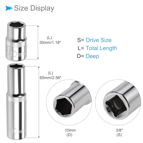 6-Point Socket, 3/8" Drive 10mm Deep, Polished Chromed CR-V Metric Deep and Shallow Impact Socket - (Applications: for Ratchet Torque Electric Wrenches Car Repair), 2-Pieces