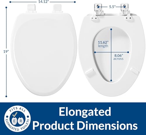 Mayfair Linden Slow Close Elongated Toilet Seat - Heavy Duty Wood, White, Easy Install