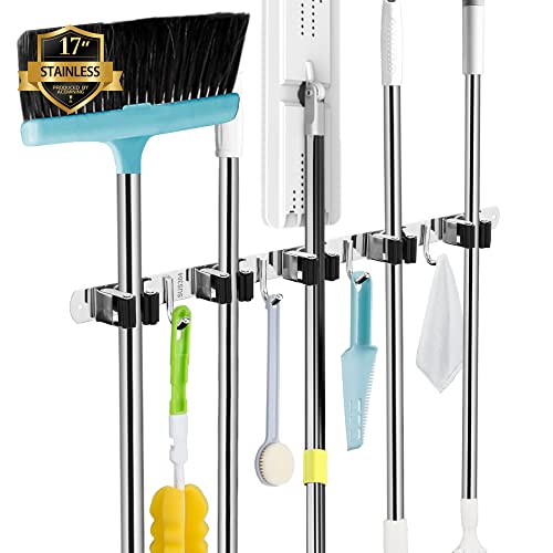 AceMining Wall Mount Broom Holder with 5 Racks & 4 Hooks - Silver Heavy Duty Mop Organizer