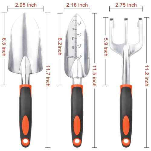 Garden Tools Set, 3 Pack Heavy Duty Gardening Tools Set Include Garden Shovel, Transplant Trowel and Hand Rake with Ergonomic Handle, Aluminum Alloy Lawn for Planting, Orange