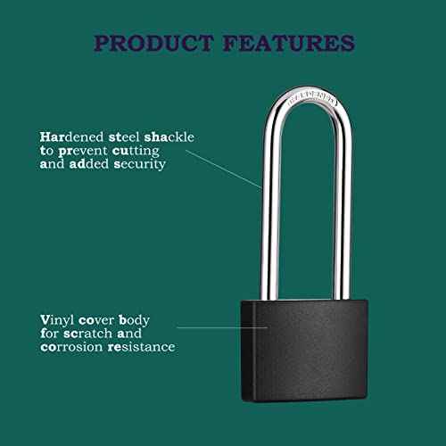 2 Pack Covered Aluminum Padlocks with Key, Black Locker Lock with Long Shackle for Gates, Fences, Toolboxes,