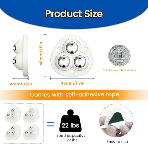 Self-Adhesive Caster Wheels for Small Appliances - 8 Pcs, White, 3 Ball Bearings