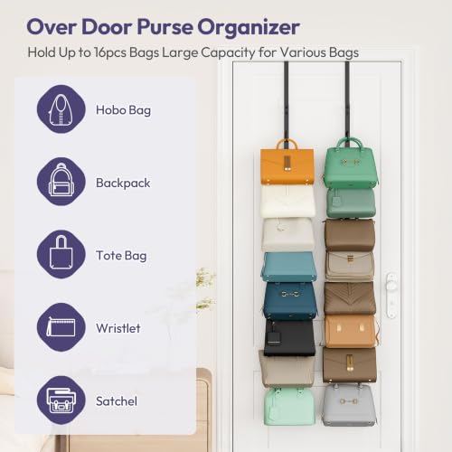 Black Over the Door Purse Organizer with 8 Hooks - 2 Pack Wall Mount Handbag Storage