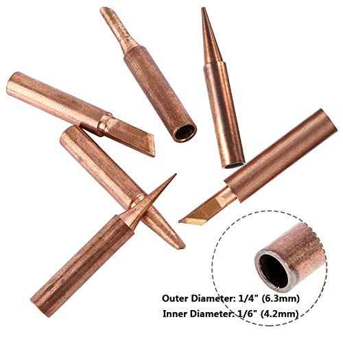 Yakamoz 12Pcs Soldering Tips Kit 900M Lead-Free Copper Solder Iron Tip Welding Tool Replacement Accessories for Hakko, Radio Shack, TENMA, ATTEN, Quick, Aoyue, Yihua Solder Station (6 Different Shape)