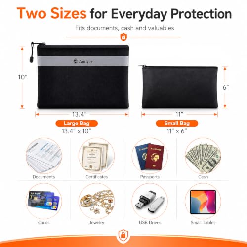 Fireproof Waterproof Document & Money Bag Set - 2 Pack Safe for Cash & Important Files