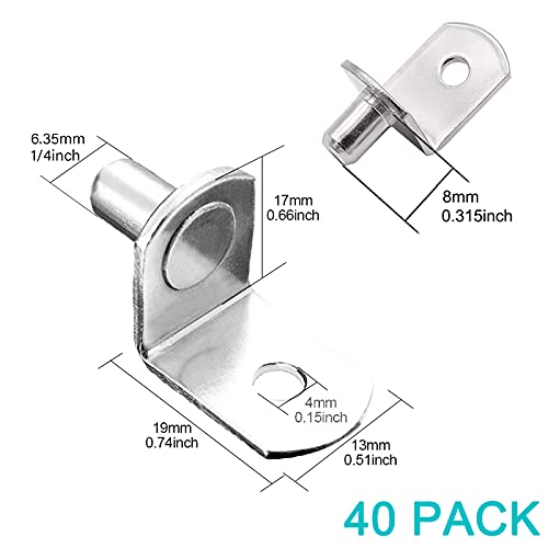 Cerpourt 40 Pcs Nickel Plated 1/4 Inch Shelf Support Pegs, L-Shaped Brackets for Cabinets & Bookcases, Silver