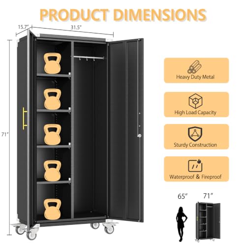Pozdeg 71" Rolling Lockable Metal Broom Closet Cabinet, Black Gray, 15.7"D x 31.5"W x 71"H