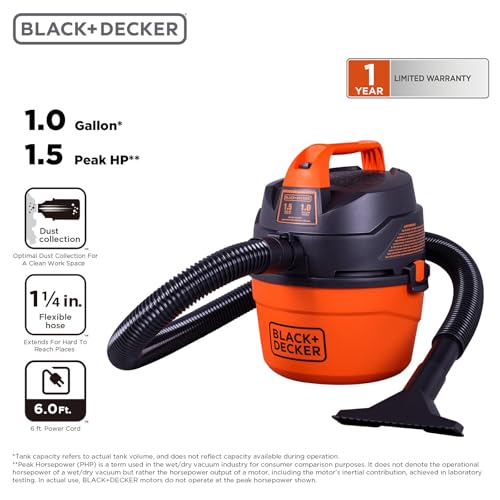 BLACK+DECKER 1 Gallon Wet Dry Shop Vacuum Small Wall Mount Mini Vacuum with Accessories