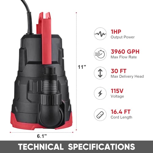 Tenzzola 1 HP Submersible Utility Water Pump for Pool Basement Garden Drainage
