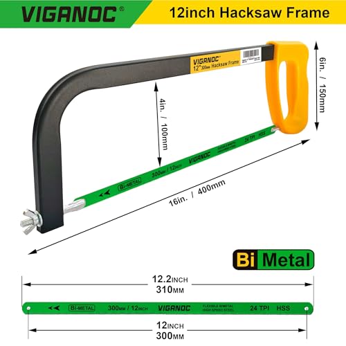 12inch Hacksaw Frame with 24 TPI Bi-metal Blade, High-Tension Hand Saw Suitable for Aluminum, PVC Piepes, Wood, Copper Pipes