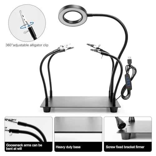 Helping Hands Soldering, PCB Holder Soldering Station Third Hand Tool with 5X Magnifying Glass with Light, 4 Arms Helping Hands Non-Slip Steel Weighted Base for Welding