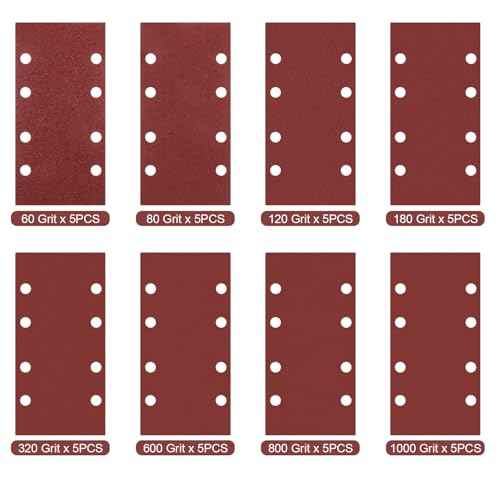 Sand Paper Sheets 40 PCS, 8 Holes Hook & Loop Sandpaper Sanding Sheet Assorted for 1/3 Sheet Sander, 60/80/120/180/320/600/800/1000 Grits Sandpaper for Wood Metal Crafts Plaster and Other Surfaces