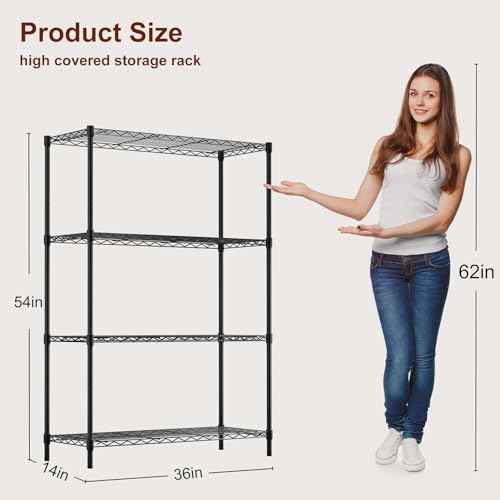 BestOffice | 4-Tier Wire Storage Shelves | 36x14x54 | Black | with Adjustable Racks | Heavy-Duty Metal Shelf, Holds Upto 1000 lbs | No-Tool Assembly | Ideal for Home & Garage Shelving