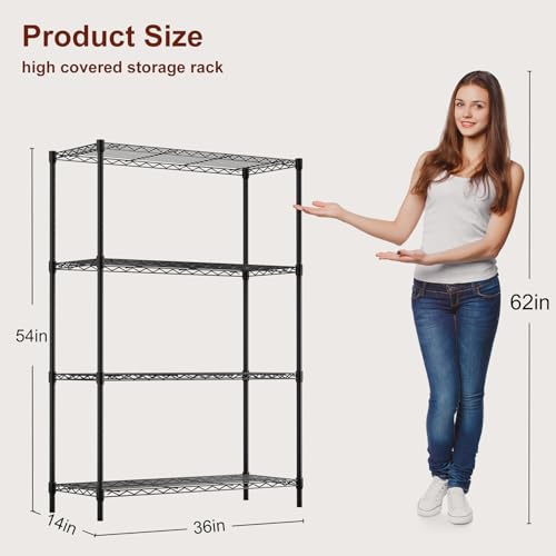 Black 36x14x54 Inch 4-Tier Adjustable Wire Shelving Unit - Heavy Duty