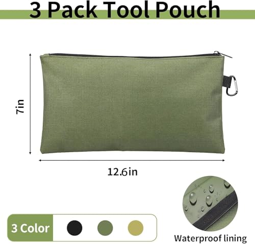 3 Pack Tool Bags Zipper Pouch - Heavy-Duty Waterproof Storage Organizer - Tan, Navy, Green