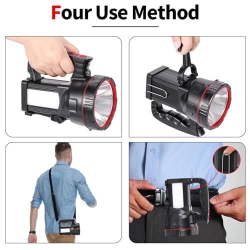 Superbright LED Handheld Searchlight Tactical Waterproof Spotlight High Power Rechargeable Flashlights with Side Light USB Power Charger (White Light)