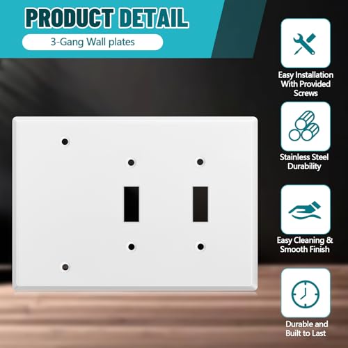 Kingdder Stainless Steel 3-Gang Wall Plate with 1 Blank and 2 Toggle Switch Openings - Model 1-Blank/2-Toggle