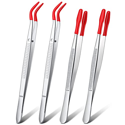 2 Pieces Bent Tip Tweezers with Rubber Tips PVC Coated and 2 Pieces Tweezers Rubber Coated PVC Soft Non Marring Flat Tips Lab Hobby Jewelry Craft Stainless Steel Tool(Red)
