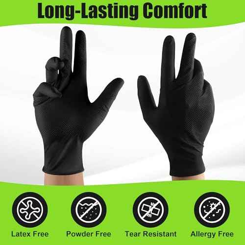 TREEGO 10 Mil Black Nitrile Gloves Large, Heavy Duty Disposable, Raised Diamond Texture, Latex-Free Rubber Gloves for Mechanics, Janitorial, BBQ, DIY