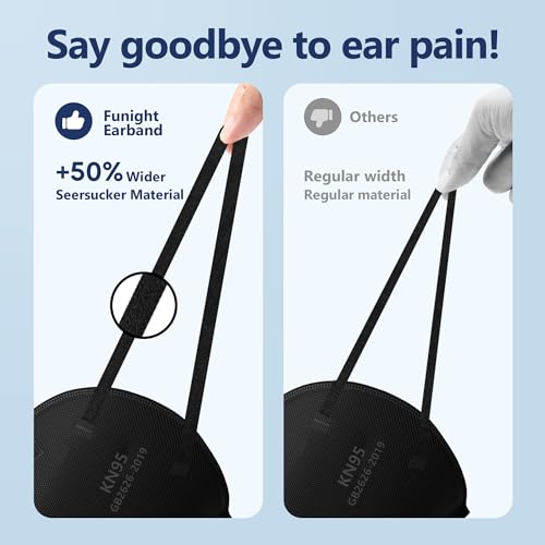 Funight KN95 Face Masks 50 Pack - Black, 5-Ply Breathable Disposable Masks for Adults