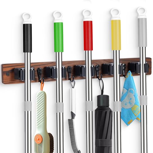 FunCee Brown Wall Mount Broom Holder with 5 Slots & 4 Hooks, Rustic Wood Storage Rack
