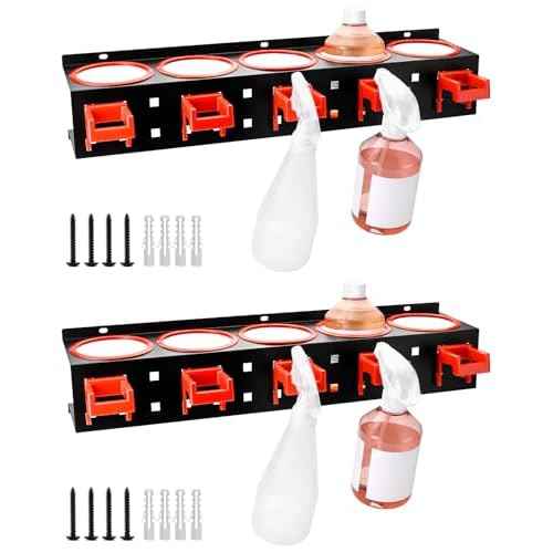 QWORK Wall-mounted Spray Bottle Holder, 2 Pack Aerosol Can Rack Organizer - 5 Holes and 5 Plastic Hooks Included for Tidying Up Your Cleaning and Detailing Tools