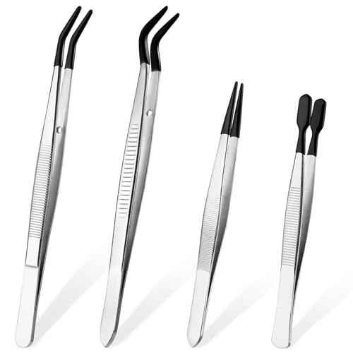 Sibba Tweezers with Rubber Tips 4Pcs PVC Rubber Coated Tweezer Set Jewelry Making Kits PVC Coated Tweezers Set Rubber Straight Tip Tweezers Flat Tip Gripper Reusable Forceps for Crafts Stamps Beads