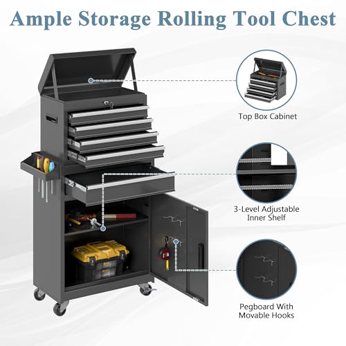 HOWSVN 5-Drawer Rolling Tool Chest with Removable Cabinet, Lockable Wheels & 2-Stage Locking Bar