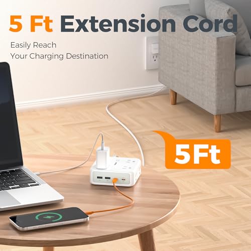 TESSAN 12-in-1 Power Strip with Surge Protection, 5 Ft Flat Wall Plug, USB-C & USB-A Ports, Mountable Extension Cord White