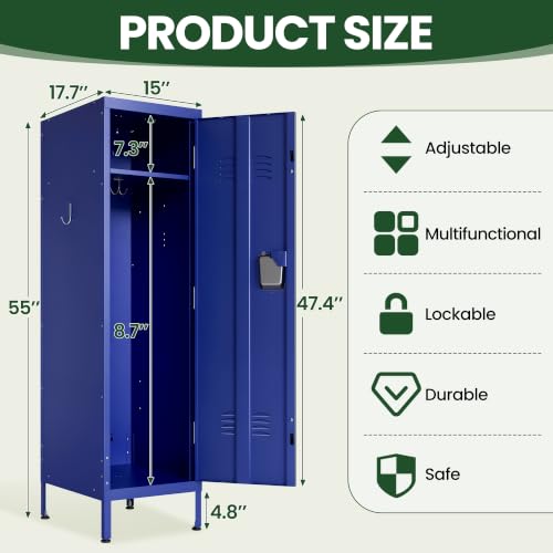 Blue Metal Employee Locker with 1 Door & Hooks - Heavy-Duty Storage for Gym, Office, School