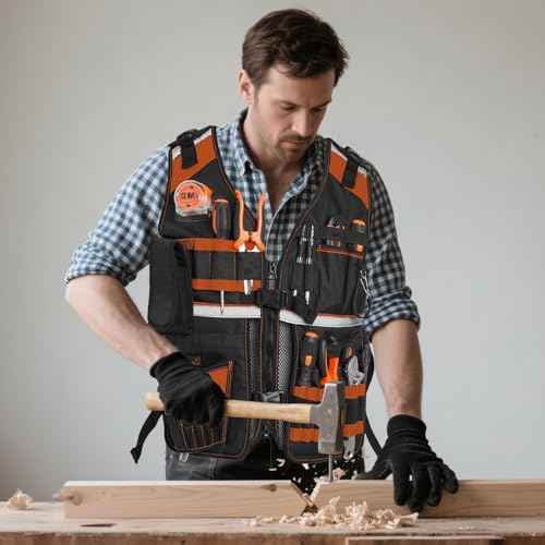 Electrician Tool Vest for Men, Reflective Safety Work Vest with Adjustable Thick Straps, Removable Phone Holder for Electrical, Carpenters, Construction, 22 Pockets