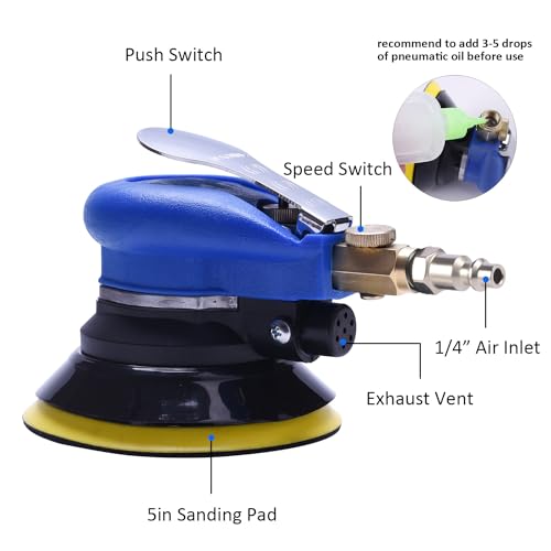 ZHONG AN 5-Inch Dual Action Air Orbital Sander with Hook & Loop, Blue - Professional Pneumatic Polisher for Auto & Woodwork
