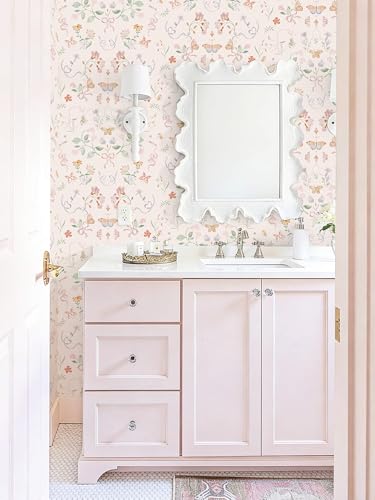 Fiula Peel and Stick Nursery Wallpaper Pink Cute Bow Leaf 17.3" x 78.7" Waterproof
