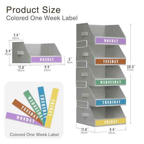 Closet Organizers and Storage - 5 Tier Shelf Organizer wiht Weekly Labels, Stackable Storage Bins with Metal Frame, Foldable Cube Bins, Home Baskets for Kids and Adults, Grey
