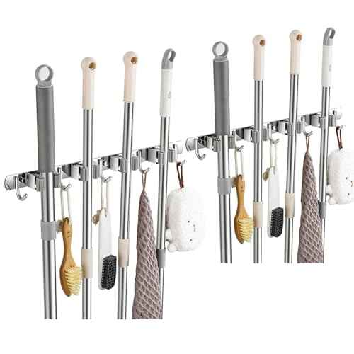 2 Pack Wall Mount, Stainless Steel Broom Hanger, Heavy Duty Mop and Broom Holder Tool Racks Utility Hooks for Laundry Room Garden Garage, Grey (4 Racks and 5 Hooks)