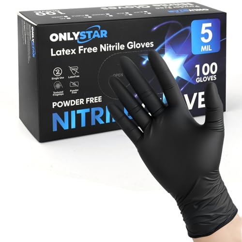 ONLYSTAR Food Grade Black Nitrile Disposable Gloves Large, 100 Pcs - 5 Mil Thick, Textured Grip, Touchscreen Compatible