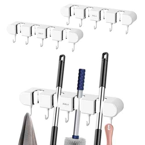 3Pcs Broom Mop Holder with Hooks Wall Mounted Broom Storage Rack No Drilling Self-Adhesive Mop Broom Organizer Mop Holder Hanger for Bathroom Office Kitchen Closet Garage,White (3)