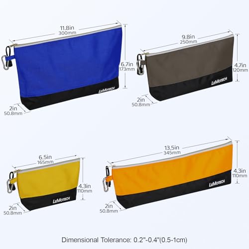 LeMotech Zipper Tool Bag, Stand-Up Tool Pouch with Carabiners,Utility Bag,Water Resistant Storage Bag,Multi-Size Blue/Orange/Grey/Yellow 4 Pack