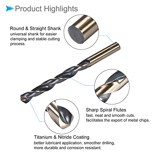 Twist Drill Bits, 12mm Cutting Edge, Titanium & Nitride Coated High Speed Steel 4341 Round Shank - (Applications: for Stainless Steel Drilling Machine), 1-Piece