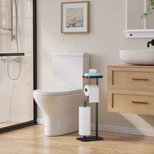 Kitsure Toilet Paper Holder Free Standing ? Rustproof Metal Toilet Paper Stand for 4 Rolls with Anti-Slip Base and Shelf for Phone & Small Items, Bathroom Organizers and Storage, Medium, Black