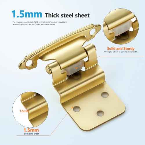 50 Pack (25 Pairs) 3/8 Inch Insert Kitchen Cabinet Hinges, Satin Brass Self Closing Hinges for Kitchen Cabinet Doors, Semi-Concealed Cupboard Hardware, Face Mount Hardware, Gold
