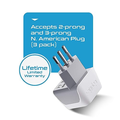 Ceptics Italy Travel Plug Adapter White Silver - 3 Pack, Grounded Type L for Cell Phones, Laptops, Chargers