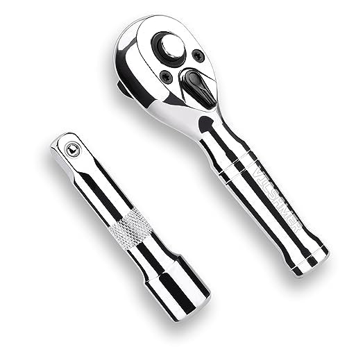 Stubby Ratchet Set- 3/8" Drive Ratchet Handle with a Extension Bars, Gift for Men 72-T Reversible Quick Release Head Premium Mini Ratchet Wrench for Narrow Spaces