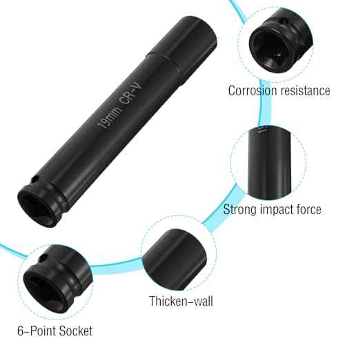 6-Point Metric Size Socket Tool, 1/2" Drive by 19mm Deep Impact Socket, Heat-Treated CR-V Steel 6" Length, 6-Point Metric Size (19mm,Black)