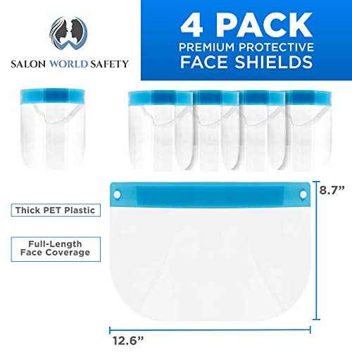 Salon World Safety Face Shields - Ultra Clear Protective Full Face Shields to Protect Eyes, Nose and Mouth - Anti-Fog PET Plastic, Elastic Headband - Sanitary Droplet Splash Guard Cover (Pack of 4)