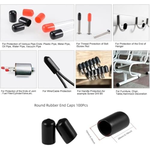Round Rubber End Caps 100 Pcs 3/8" (10mm) ID Vinyl Flexible Screw Thread Protectors Black Bolt End Caps for Metal Tubing Rod Bolt